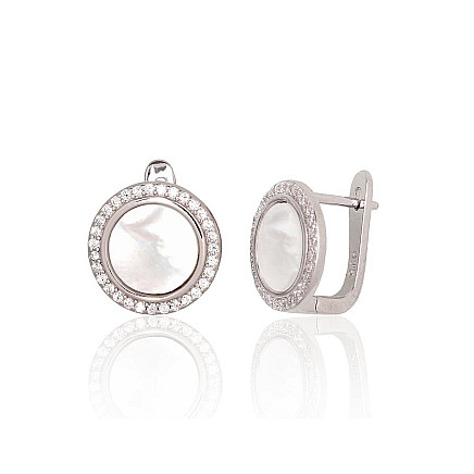 English lock,  - Silver earrings with english lock, 4 g, Silver 925 fineness, Rhodium (Plating), Zirkons , Mother-of-pearl