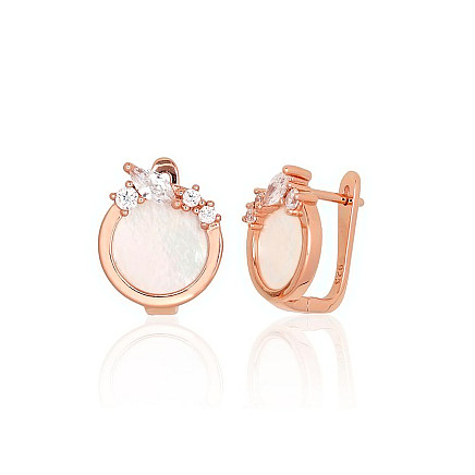 English lock,  - Silver earrings with english lock, 4.8 g, Silver 925 fineness, red gold (Plating), Zirkons , Mother-of-pearl