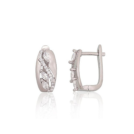 На английском замке,  - Серебряные серьги на английском замке, 3.9 g, Серебро 925 проба, родий (покрытие), Цирконы