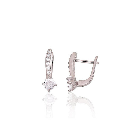 English lock,  - Silver earrings with english lock, 2.5 g, Silver 925 fineness, Rhodium (Plating), Zirkons