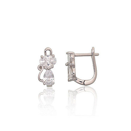 English lock,  - Silver earrings with english lock, 2.7 g, Silver 925 fineness, Rhodium (Plating), Zirkons