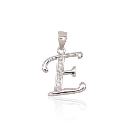 Letters, Letter E - Silver pendant, Silver 925 fineness, Rhodium (Plating), Zirkons