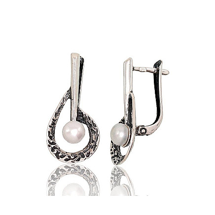 На английском замке,  - Серебряные серьги на английском замке, 3.8 g, Серебро 925 проба, оксид (покрытие), Жемчуг