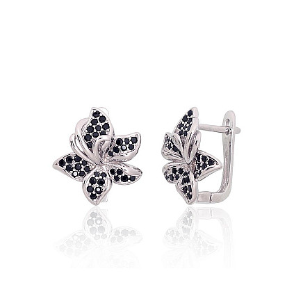 English lock,  - Silver earrings with english lock, 4 g, Silver 925 fineness, Rhodium (Plating), Zirkons