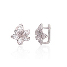 Flower, Silver earrings with 'english' lock, Silver 925 fineness, Rhodium (Plating), Zirkons