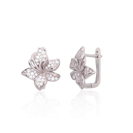 English lock, Flower - Silver earrings with english lock, Silver 925 fineness, Rhodium (Plating), Zirkons
