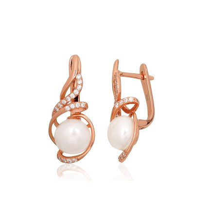 English lock,  - Silver earrings with english lock, Silver 925 fineness, red gold (Plating), Zirkons, Fresh-water Pearl