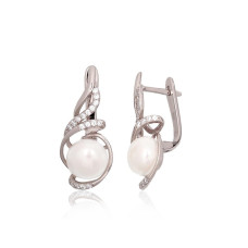 Silver earrings with 'english' lock, Silver 925 fineness, Rhodium (Plating), Zirkons, Fresh-water Pearl