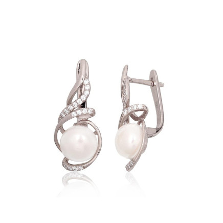 English lock,  - Silver earrings with english lock, Silver 925 fineness, Rhodium (Plating), Zirkons, Fresh-water Pearl