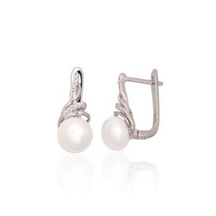 English lock,  - Silver earrings with english lock, Silver 925 fineness, Rhodium (Plating), Zirkons, Fresh-water Pearl