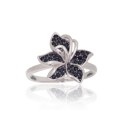 Women, Flower - Silver ring, 925 fineness, Rhodium (Plating), Black Zirkons