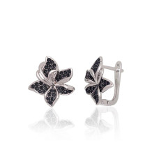 Flower, Silver earrings with 'english' lock, 925 fineness, Rhodium (Plating), Black Zirkons