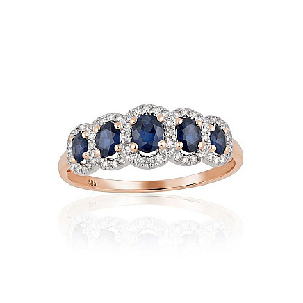 With precious stones,  - Gold ring, Red Gold 585 fineness, Rhodium (Plating), Diamonds, Sapphire