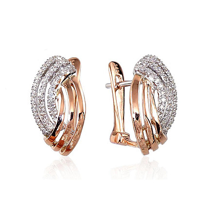 English lock,  - Gold earrings with english lock, Red Gold 585 fineness, Rhodium (Plating) , Diamonds