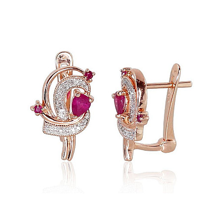 English lock,  - Gold earrings with english lock, Red Gold 585 fineness, Rhodium (Plating) , Diamonds , Ruby