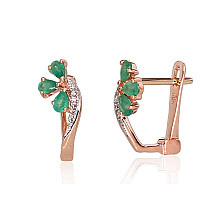 Gold earrings with 'english' lock, Red Gold 585 fineness, Rhodium (Plating) , Diamonds , Emerald