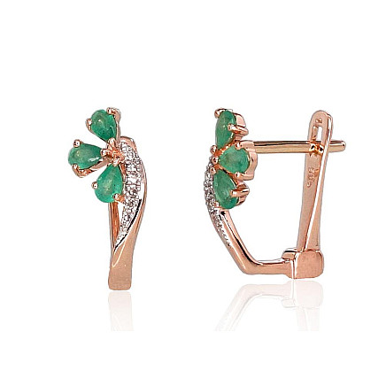 English lock,  - Gold earrings with english lock, Red Gold 585 fineness, Rhodium (Plating) , Diamonds , Emerald