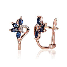 Gold earrings with 'english' lock, Red Gold 585 fineness, Rhodium (Plating) , Diamonds , Sapphire