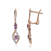 Gold earrings with 'english' lock, Red Gold 585 fineness, Rhodium (Plating) , Diamonds , Amethyst