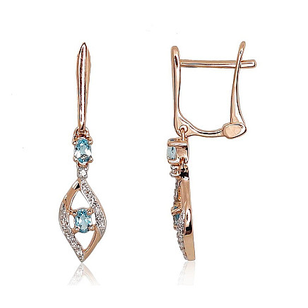 English lock,  - Gold earrings with english lock, Red Gold 585 fineness, Rhodium (Plating) , Diamonds , Blue Topaz