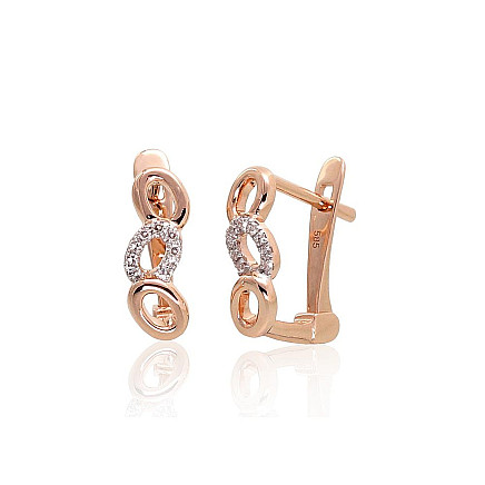 English lock,  - Gold earrings with english lock, Red Gold 585 fineness, Rhodium (Plating) , Diamonds