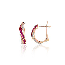 Gold earrings with 'english' lock, Red Gold 585 fineness, Rhodium (Plating) , Diamonds , Ruby