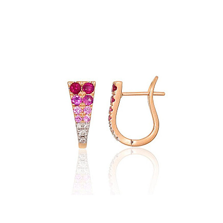English lock,  - Gold earrings with english lock, Red Gold 585 fineness, Rhodium (Plating) , Diamonds , Ruby