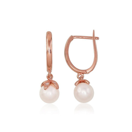 English lock,  - Gold earrings with english lock, Red Gold 585 fineness, Zirkons, Fresh-water Pearl
