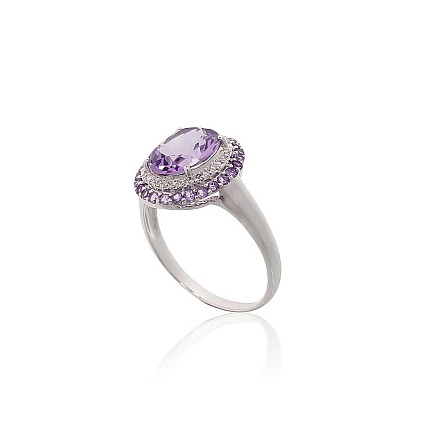 With precious stones,  - Gold ring, White Gold 585 fineness, Diamonds , Amethyst