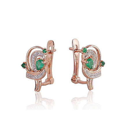English lock,  - Gold earrings with english lock, 3.43 g, Red Gold 585 fineness, Rhodium (Plating) , Diamonds , Emerald