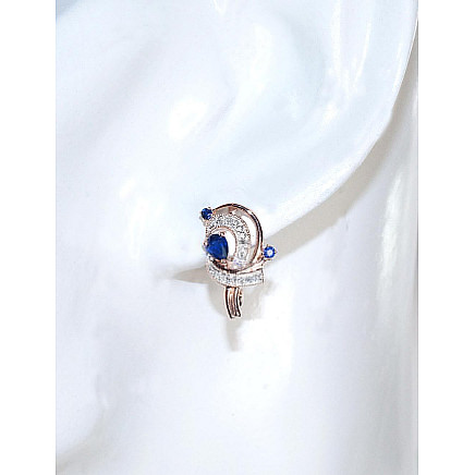 English lock,  - Gold earrings with english lock, 3.37 g, Red Gold 585 fineness, Rhodium (Plating) , Diamonds , Sapphire