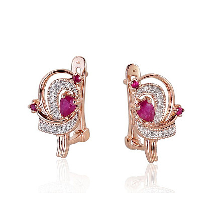 Gold earrings with english lock, Red Gold 585 fineness, Rhodium (Plating) , Diamonds , Ruby, - 1200503000142 English lock, - Gold earrings with english lock, Red Gold 585 fineness, Rhodium (Plating) , Diamonds , Ruby