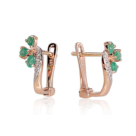 English lock,  - Gold earrings with english lock, Red Gold 585 fineness, Rhodium (Plating) , Diamonds , Emerald