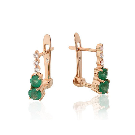 English lock,  - Gold earrings with english lock, Red Gold 585 fineness, Diamonds , Emerald