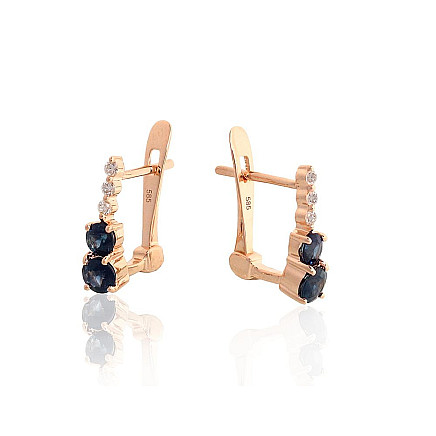 Gold earrings with english lock, Red Gold 585 fineness, Diamonds , Sapphire, - 1201768000076 English lock, - Gold earrings with english lock, Red Gold 585 fineness, Diamonds , Sapphire