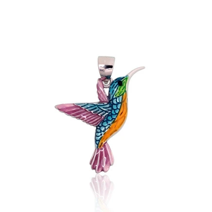 Women, Hummingbird, Bird - Silver pendant, Silver 925 fineness, Rhodium (Plating), Jewelery enamel
