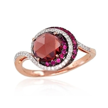 With precious stones,  - Gold ring, 17.5, 3.29 g, Red Gold 585 fineness, Rhodium (Plating) , Diamonds , Ruby , Garnet
