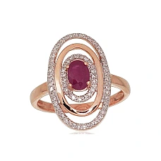 Gold ring, 17, 3.94 g, Red Gold 585 fineness, Rhodium (Plating) , Diamonds , Ruby