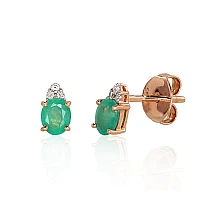Gold classic studs earrings, Red Gold 585 fineness, Rhodium (Plating) , Diamonds , Emerald