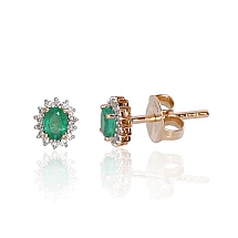Gold classic studs earrings, Red Gold 585 fineness, Rhodium (Plating), Diamonds, Emerald