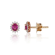 Gold classic studs earrings, Red Gold 585 fineness, Rhodium (Plating) , Diamonds , Ruby