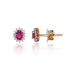 Gold classic studs earrings, 1.32 g, Red Gold 585 fineness, Rhodium (Plating) , Diamonds , Ruby