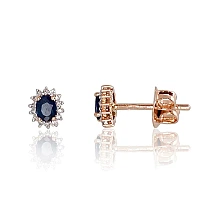 Gold classic studs earrings, Red Gold 585 fineness, Rhodium (Plating), Diamonds, Sapphire