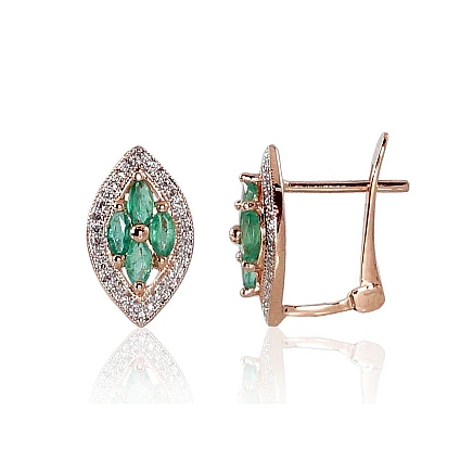 English lock,  - Gold earrings with english lock, 2.57 g, Red Gold 585 fineness, Rhodium (Plating) , Diamonds , Emerald