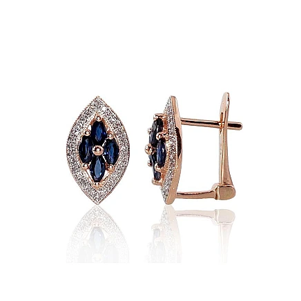 English lock,  - Gold earrings with english lock, 2.6 g, Red Gold 585 fineness, Rhodium (Plating) , Diamonds , Sapphire