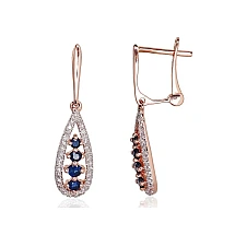Gold earrings with 'english' lock, Red Gold 585 fineness, Rhodium (Plating) , Diamonds , Sapphire