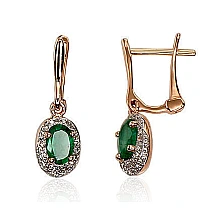 Gold earrings with 'english' lock, Red Gold 585 fineness, Rhodium (Plating) , Diamonds , Emerald