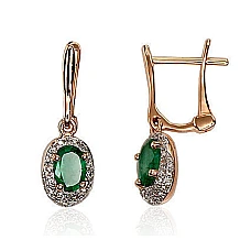 Золотые серьги на английском замке, 1.99 g, Красное Золото 585 проба, родий (покрытие) , Бриллианты , Изумруд