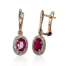 Gold earrings with 'english' lock, Red Gold 585 fineness, Rhodium (Plating) , Diamonds , Ruby
