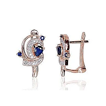 Gold earrings with 'english' lock, Red Gold 585 fineness, Rhodium (Plating) , Diamonds , Sapphire
